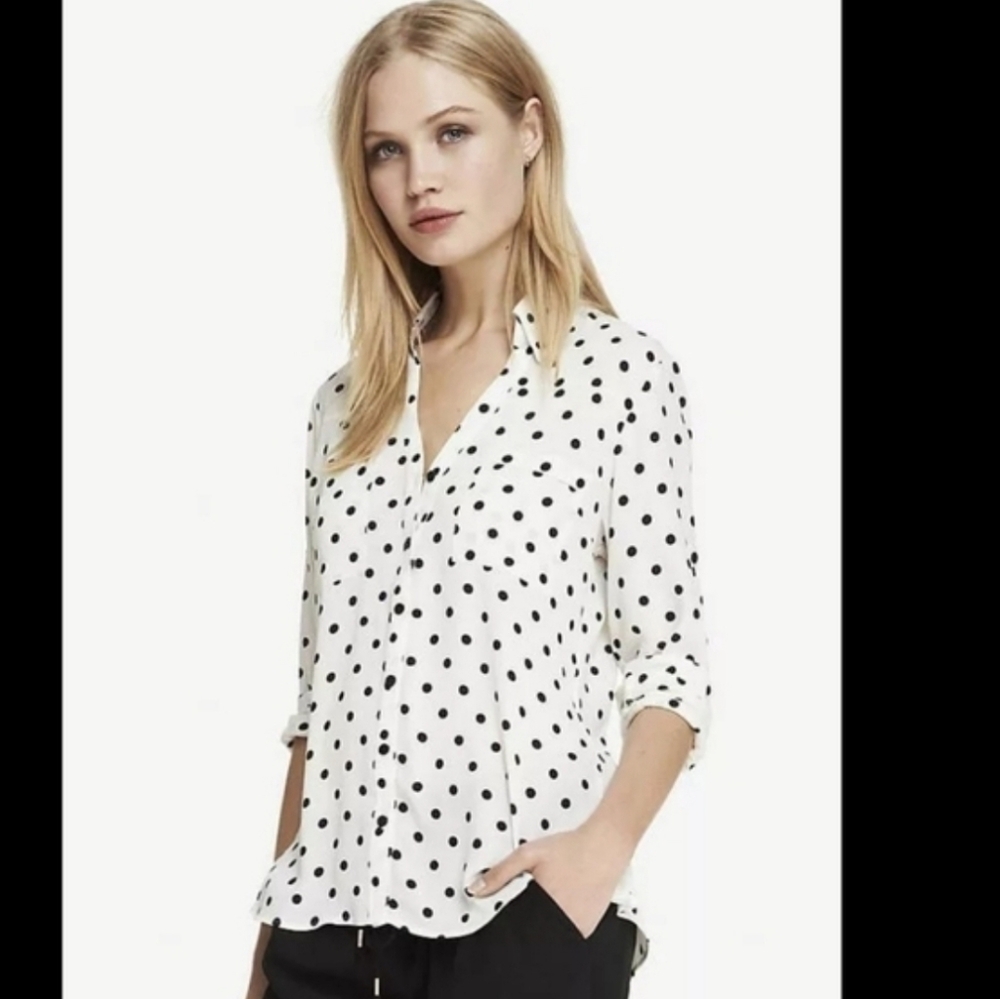 Express White Portofino Blouse with Black Polka Dots